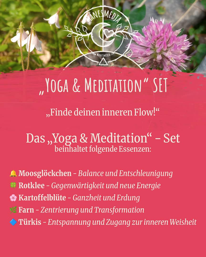 Das „Yoga & Meditation“ - Set beinhaltet folgende Essenzen: Moosglöckchen - Balance und Entschleunigung Rotklee - Gegenwärtigkeit und neue Energie Kartoffelblüte - Ganzheit und Erdung Farn - Zentrierung und Transformation Türkis - Entspannung und Zugang zur inneren Weisheit