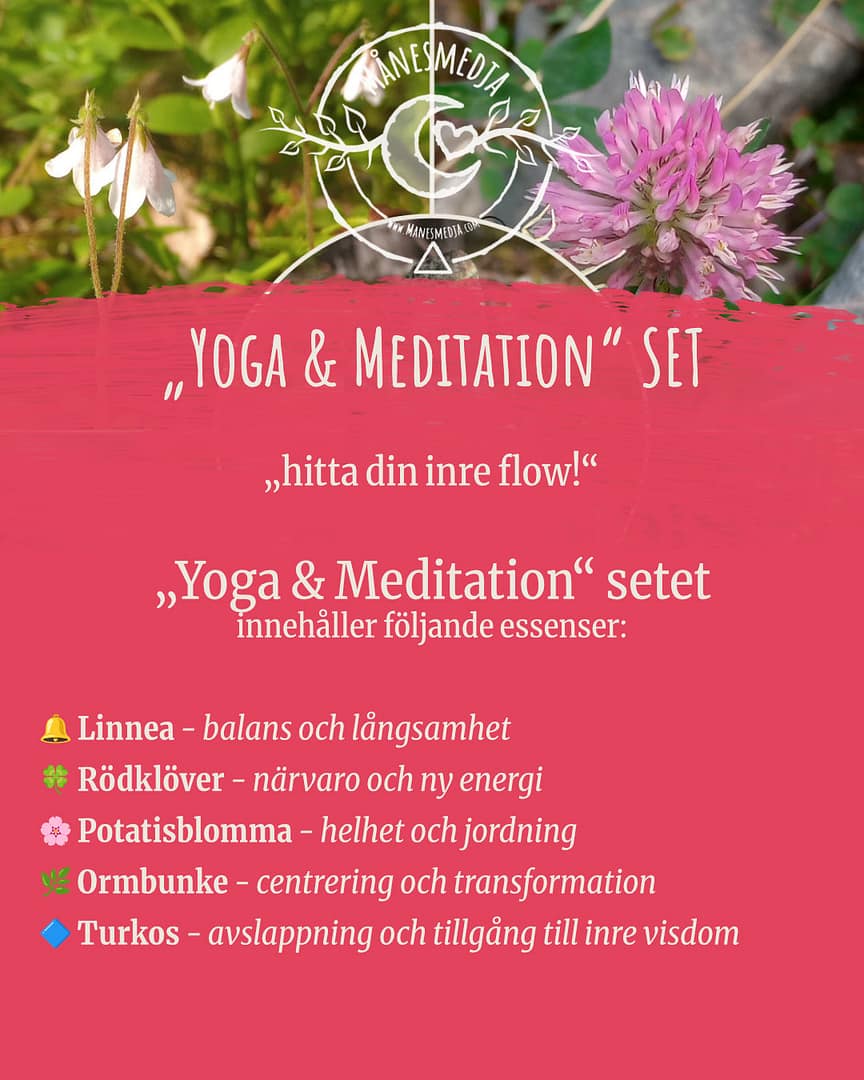 „Yoga & Meditation“ - setet innehåller följande essenser: Linnea - balans och långsamhet Rödklöver - närvaro och ny energi Potatisblomma - helhet och jordning Ormbunke - centrering och transformation Turkos - avslappning och tillgång till inre visdom