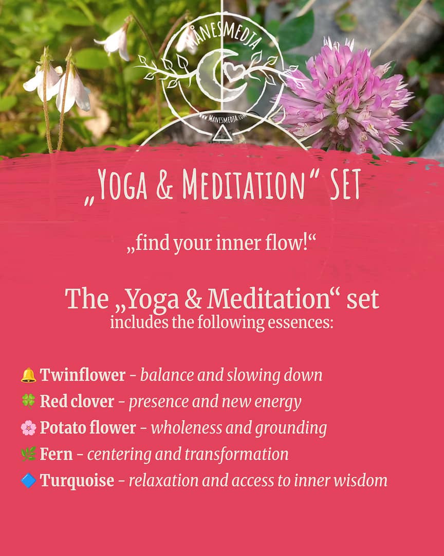 The „Yoga & Meditation“ set includes the following essences: Twinflower - balance and slowing down Red clover - presence and new energy Potato flower - wholeness and grounding Fern - centering and transformation Turquoise - relaxation and access to inner wisdom